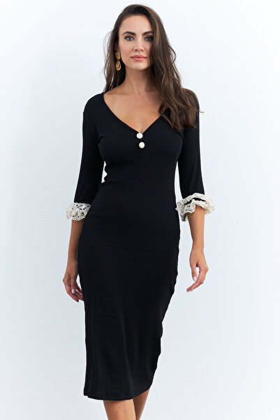 Cool & Sexy Kadın Siyah Kolları Dantel Detaylı Kaşkorse Midi Elbise EY2955