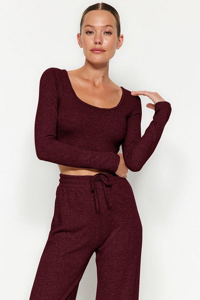 Trendyol Collection Burgundy Yumoş Crop and Wide Leg/Wide Leg Knitted Bottom Top Set Twoaw23Au00125