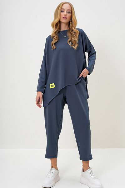 Trend Alaçatı Stili Dark Grey Oversize Sweatshirt and Pants Set - Crew Neck Alc-X13270