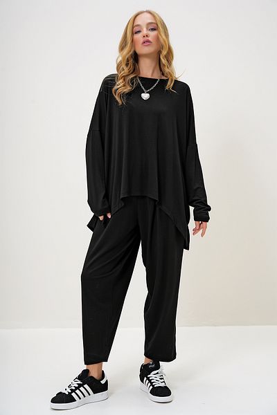 Trend Alaçatı Stili Black Asymmetrical Cut Oversize Sweatshirt and Pants Set - Crew Neck, Two Thread Alc-X13263