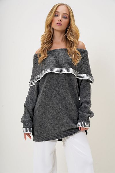 Trend Alaçatı Stili Anthracite Color Oversize Winter Knitwear Sweater - Madonna Collar and Stripe Detail Alc-X13214