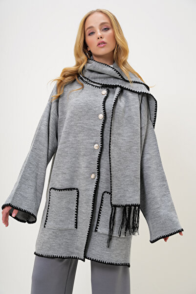 Trend Alaçatı Stili Dámský šedý dvojitý kapesní ovčák s prošíváním detailní oversize cardigan a šátek Alc-X13221