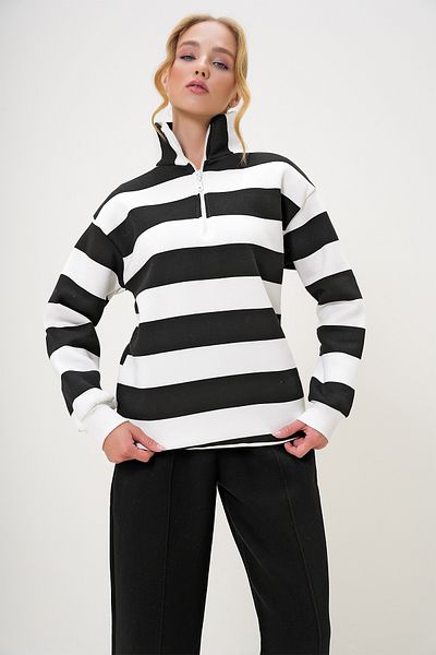 Trend Alaçatı Stili Schwarzes Rollkragenpullover mit Reißverschluss und Streifen für Damen – ALC-X13239