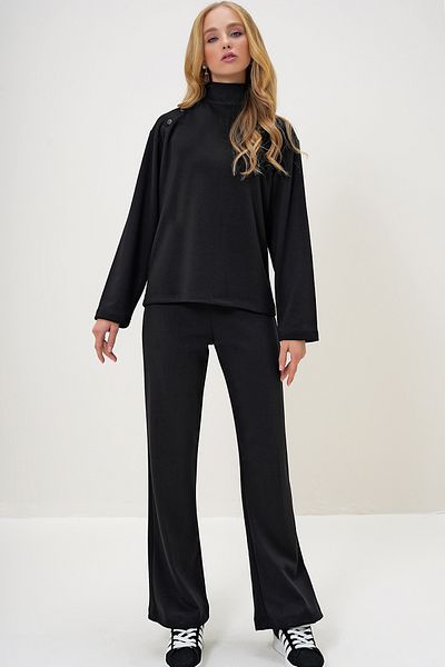 Trend Alaçatı Stili Women's Black Stand Collar Blouse and Trousers Set Alc-X13118