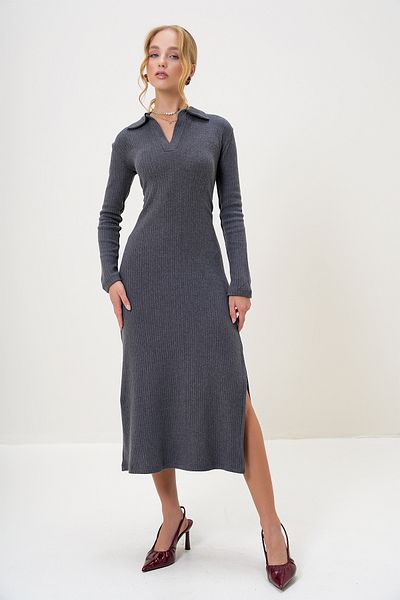 Trend Alaçatı Stili Women's Anthracite Polo Neck Half Placket Side Slit Interlock Fabric Dress Alc-X13121