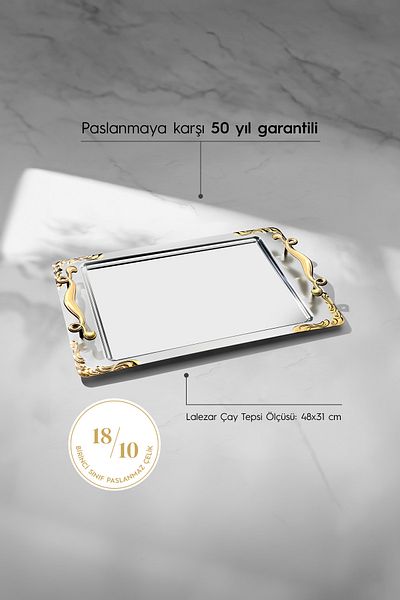 Nehir Lalezar Gold Satin Steel Tea Tray