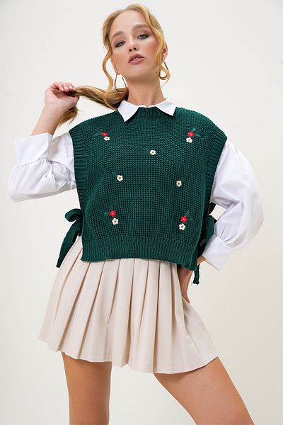 Trend Alaçatı Stili Green Embroidered - Tied Knitwear Women's Sweater Alc-X13003