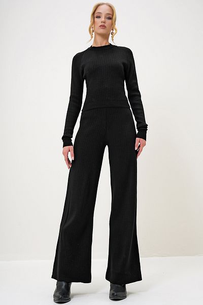 Trend Alaçatı Stili Black Knitwear Crop Blouse and Palazzo Pants Set - Crew Neck Alc-X12995