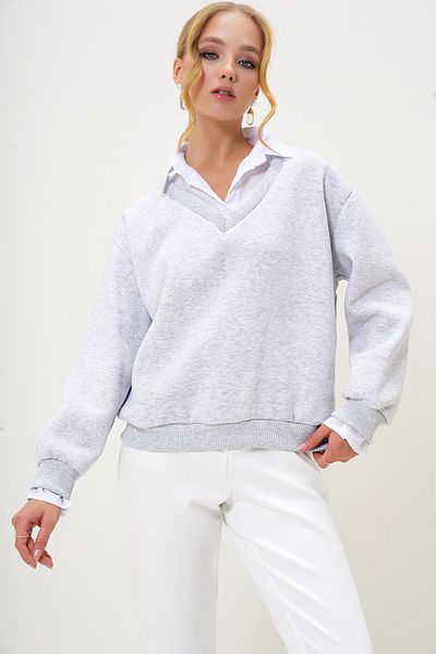 Trend Alaçatı Stili Women's Karmelange Shirt Garnished V Neck 3 Thread Raised Sweatshirt Alc-X13162