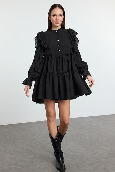 Trendyol Collection Μίνι Δαντελένιο Λεπτομερές Μαύρο Υφαντό Φόρεμα - TWOAW25EL00490