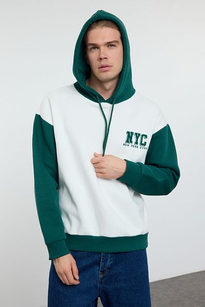 Trendyol Collection Екрю вишитий флісовий світшот з візерунком міста з капюшоном великого розміру TMNAW25SW00028