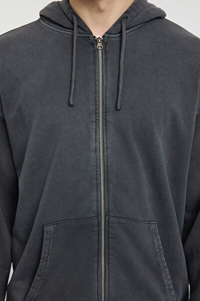 Trendyol Collection Антрацитовий оверсайз/широкий облягаючий кардиган з капюшоном з ефектом вицвітання / світшот без капюшона TMNAW25SW00049