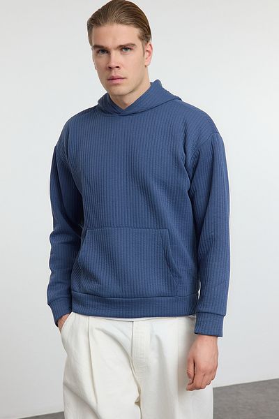 Trendyol Collection Indigo Textured Oversize mikina s kapucí - Tmnaw25Sw00143
