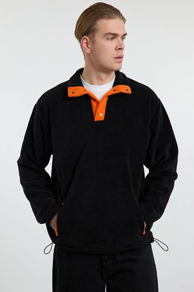 Trendyol Collection Φούτερ Anti-Pilling Warm Keeping Black Fleece - Stand γιακάς, φαρδιά εφαρμογή TMNAW25SW00098