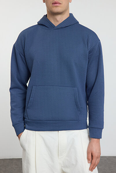 Trendyol Collection Indigo Oversize/Wide Cut Textured Basic Mikina s kapucí bez zvýšení TMNAW25SW00143