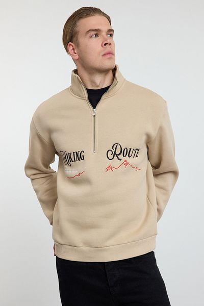 Trendyol Collection Béžová vyšívaná oversize mikina – fleece, stojáček, zip Tmnaw25Sw00073