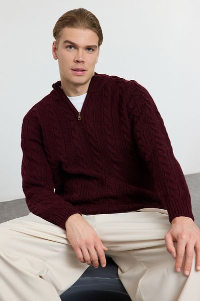 Trendyol Collection Unisex-Strickpullover in Weinrot – halber Rollkragenpullover mit Reißverschluss TMNAW21KZ0737