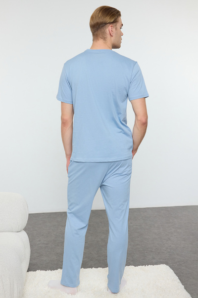 Trendyol Collection Blue Crew Neck nyomott pamut pizsama szett - TMNAW25PT00003