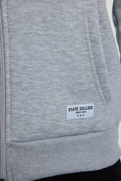 Trendyol Collection Šedá mikina Melange Regular Fit s kapucí na zip – s nášivkou TMNAW23SW00172