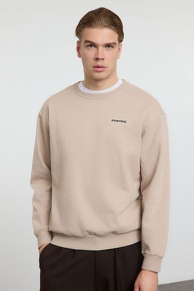 Trendyol Collection Μπεζ Unisex Oversize Slogan Crew Neck Fleece φούτερ - TMNAW25SW00162