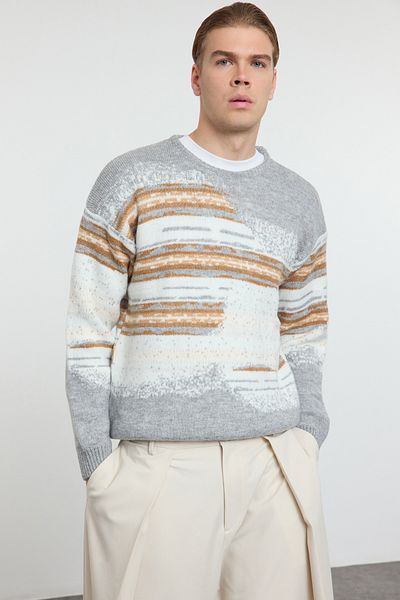 Trendyol Collection Grauer Strickpullover mit Rundhalsausschnitt für Unisex - Landschaft TMNAW25KZ00017