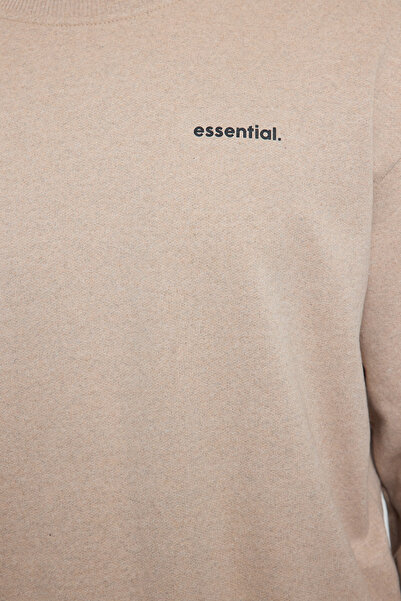 Trendyol Collection Μπεζ Unisex Oversize Slogan Crew Neck Fleece φούτερ - TMNAW25SW00162