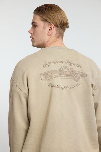 Trendyol Collection Béžová vyšívaná oversize mikina – starožitné podrobné Tmnaw25Sw00170