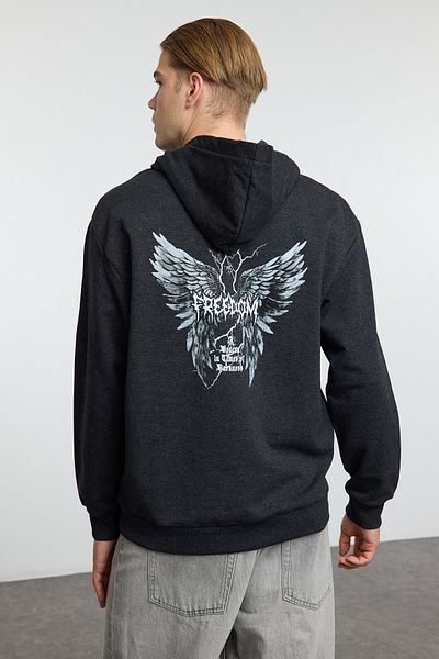 Trendyol Collection Φούτερ Freedom Anthracite Melange Oversize Hooded - Πίσω στάμπα TMNAW25SW00167