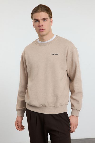 Trendyol Collection Μπεζ Unisex Oversize Slogan Crew Neck Fleece φούτερ - TMNAW25SW00162