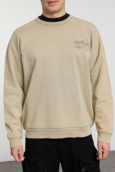 Trendyol Collection Béžová vyšívaná oversize mikina – starožitné podrobné Tmnaw25Sw00170