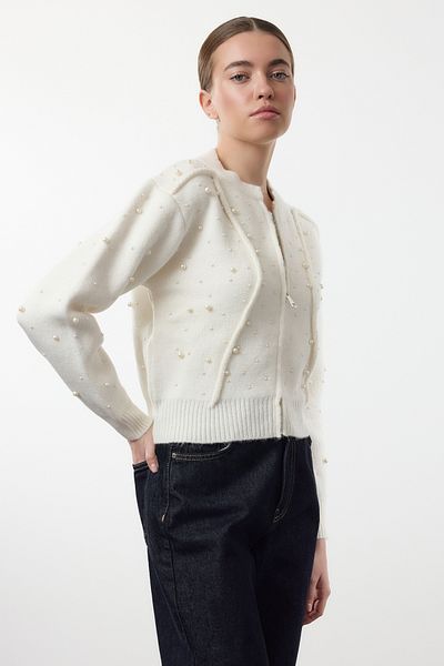 Trendyol Collection Ecru Soft Textured Zipped Stone Embroidered Coat Look Strickjacke TWOAW25HI00168