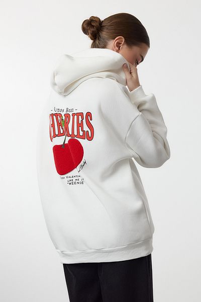 Trendyol Collection White Thick Fleece Back Cherry Embroidery Hooded Knitted Sweatshirt Twoaw25Sw00306