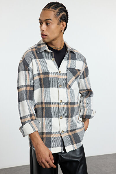 Trendyol Collection Bézs favágó kabát ing - uniszex, téli kockás kockás, normál szabású TMNAW25GO00012