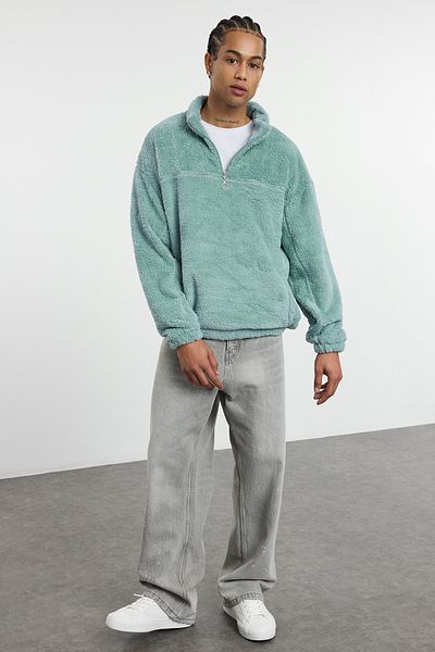 Trendyol Collection Unisex Mint Plush Oversize mikina - Stojací límec, Zip - Tmnaw25Sw00097