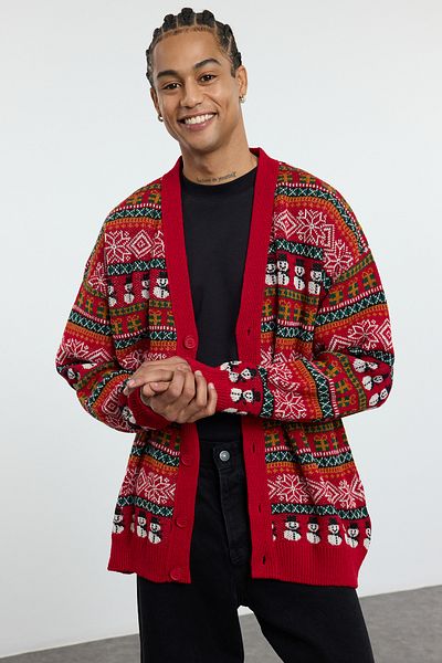 Trendyol Collection Unisex-Strickjacke aus Wolle mit breiter Passform für Weihnachten – mehrfarbig, normale Passform TMNAW23HI00043