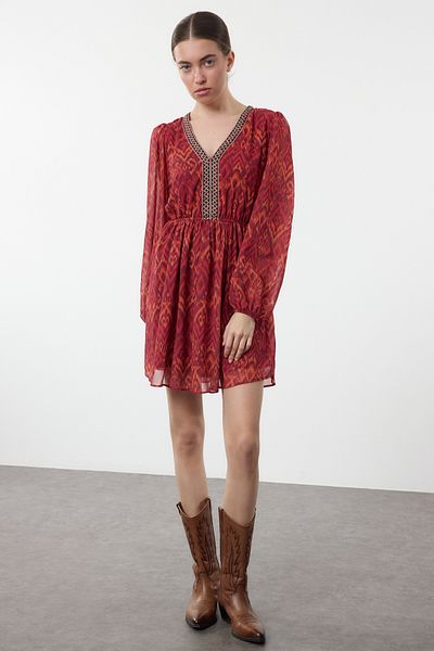 Trendyol Collection Rochie țesută mini cu flori bordeaux TWOAW25EL00182
