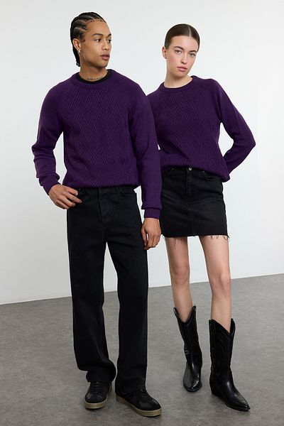 Trendyol Collection Pulover unisex violet slim fit cu decolteu triplu - TMNAW22KZ0290