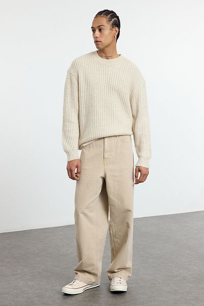 Trendyol Collection Πλεχτό πουλόβερ με ρεγκλάν λαιμό και δομημένη υφαντική σε unisex oversized σχέδιο TMNAW25KZ00011