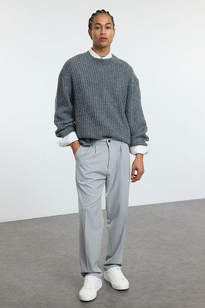 Trendyol Collection Gray Pleated Classic Baggy Fit Fabric Trousers Tmnss24Pl00024