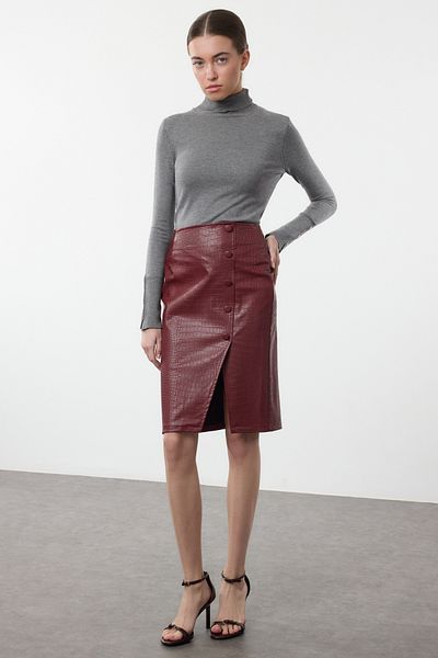 Trendyol Collection Sötétvörös kígyómintás hasított midi szoknya - limitált kiadású TWOAW23ET00260