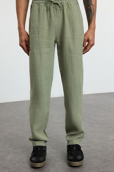 Trendyol Collection Khaki Limited Edition 100% Linen Straight Fit Elastic Waist Tied Trousers Tmnss24Pl00018