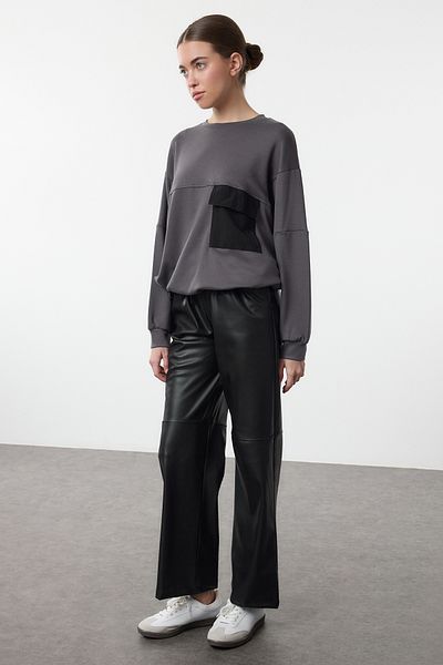 Trendyol Collection Anthracite Oversize SWeatshirt with Parachute Pocket Detail - Soft Button, Wide Cut TWOAW25sw00089