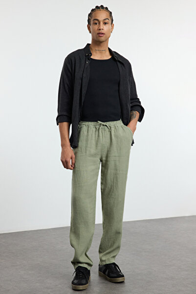 Trendyol Collection Khaki Limitovaná edice 100% Len Straight Fit Kalhoty s elastickým pasem Tmnss24Pl00018