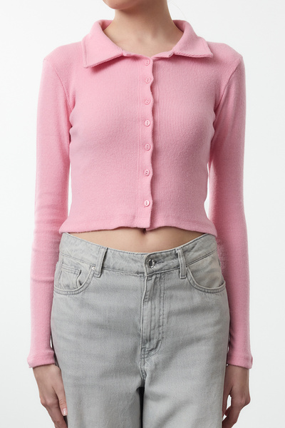 Trendyol Collection Ροζ κουμπιά Λεπτομερής εφαρμογή στο σώμα Crop Polo λαιμόκοψη ελαστική πλεκτή μπλούζα TWOAW22BZ0522