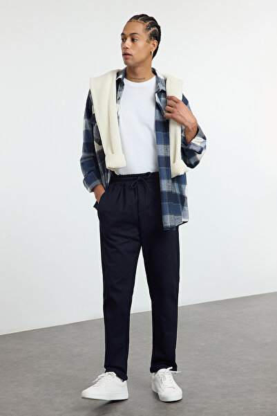 Trendyol Collection Námořnická modř Slim Fit pletené pohodlné kalhoty - elastický pas, zavázáno Tmnaw25Pl00023