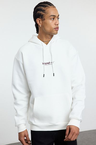 Trendyol Collection Світшот з капюшоном екрю з флісу з внутрішньої сторони з принтом на спині TMNAW25SW00077