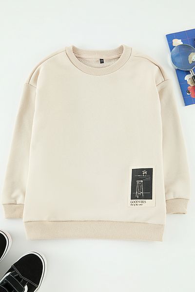 TRENDYOLKIDS Μπεζ*004 Πλεκτό Μίνι Φούτερ με στάμπα για αγόρι, μπαμπάς-γιός, TKDAW25SW00070