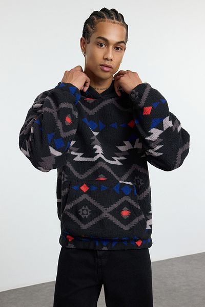 Trendyol Collection Unisex Schwarzes Oversize-Sherpa-Fleece – Plüsch-Kapuzenpullover TMNAW25SW00147