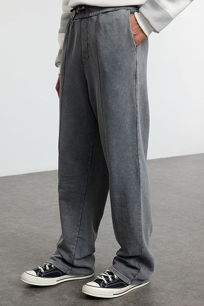 Trendyol Collection Anthracite Basic Sweatpants - Φαρδύ πόδι, με ραβδώσεις και ταλαιπωρημένο εφέ TMNAW25EA00007