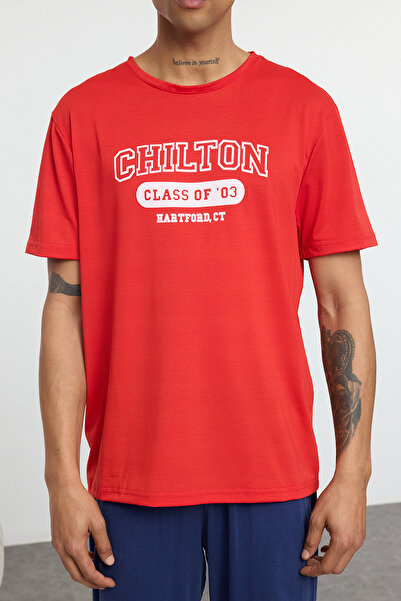 Trendyol Collection Piros - sötétkék normál szabású kötött pizsama szett TMNAW25PT00027